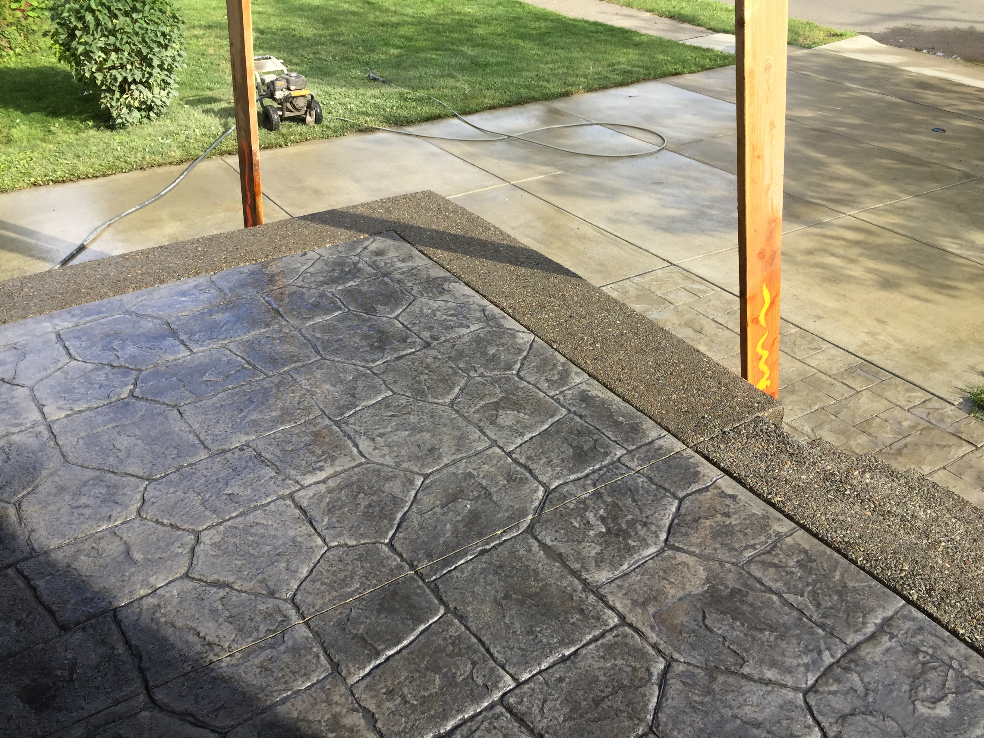 Exposed Aggregate & Stamped Concrete Patio with Awning